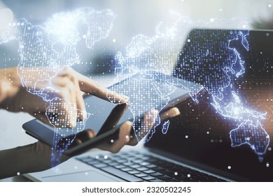 Double exposure of abstract digital world map and finger clicks on a digital tablet on background, big data and blockchain concept