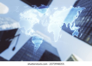Double exposure of abstract digital world map on modern skyscrapers background, research and strategy concept