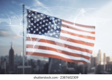 Double exposure of abstract digital world map hologram with connections on USA flag and blurry cityscape background, research and strategy concept