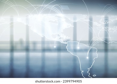Double exposure of abstract digital world map hologram with connections on empty room interior background, big data and blockchain concept