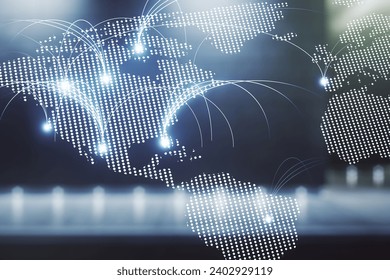 Double exposure of abstract digital world map hologram with connections on modern business center exterior background, research and strategy concept