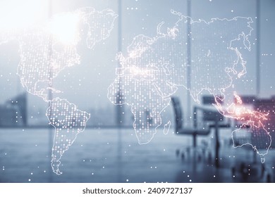 Double exposure of abstract digital world map hologram on a modern boardroom background, big data and blockchain concept