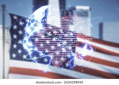 Double exposure of abstract digital world map hologram with connections on US flag and city background, big data and blockchain concept - Powered by Shutterstock - Get 15% off with code: PIKWIZARD15