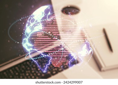 Double exposure of abstract digital world map with connections on computer background, big data and blockchain concept