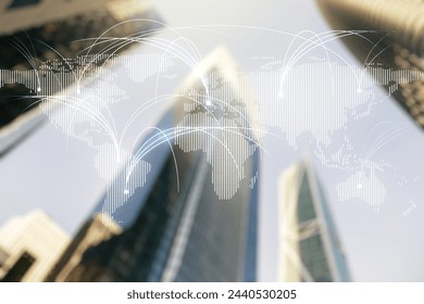Double exposure of abstract digital world map hologram with connections on modern skyscrapers background, research and strategy concept