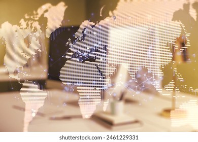 Double exposure of abstract digital world map on computer background, big data and blockchain concept