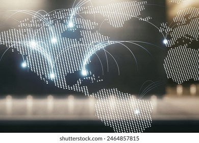 Double exposure of abstract digital world map hologram with connections on modern business center exterior background, research and strategy concept