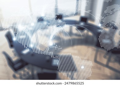 Double exposure of abstract digital world map hologram with connections on a modern meeting room background, research and strategy concept