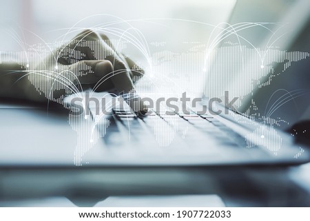 Double exposure of abstract digital world map with connections and hands typing on laptop on background, research and strategy concept