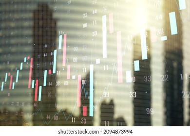 Double Exposure Of Abstract Financial Graph On Office Buildings Background, Forex And Investment Concept