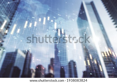 Double exposure of abstract financial graph with world map on office buildings background, forex and investment concept