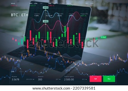 Double exposure of abstract glowing big data forex candlestick chart on blurry backdrop. Trade, technology, investment and analysis concept.