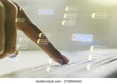 Double exposure of abstract programming language hologram with hands typing on laptop on background, research and development concept