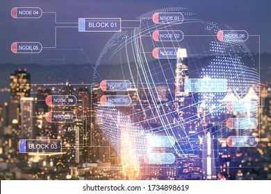 Double exposure of abstract programming language hologram and world map on San Francisco city skyscrapers background, research and development concept