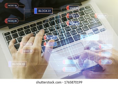 Double exposure of abstract programming language hologram with world map and hands typing on laptop on background, research and development concept
