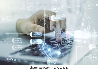 Double exposure of abstract programming language hologram with world map and hands typing on laptop on background, research and development concept