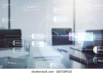 Double exposure of abstract programming language with world map and modern desktop with laptop on background, research and development concept