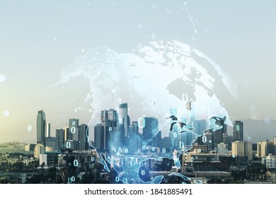 Double exposure of abstract programming language hologram and world map on Los Angeles city skyscrapers background, research and development concept