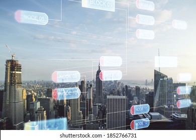 Double exposure of abstract programming language interface on New York city skyscrapers background, research and development concept