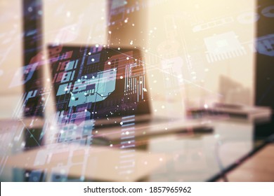 Double exposure of abstract programming language on laptop background, research and development concept