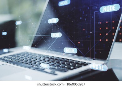Double exposure of abstract programming language on laptop background, research and development concept