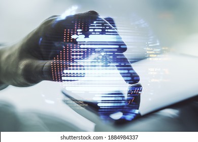 Double exposure of abstract programming language hologram with world map and finger clicks on a digital tablet on background, research and development concept