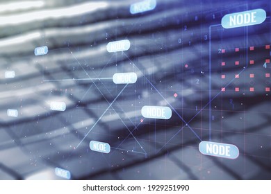 Double exposure of abstract programming language interface on blurry metal background, research and development concept