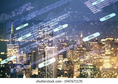 Double exposure of abstract programming language hologram and world map on San Francisco city skyscrapers background, research and development concept