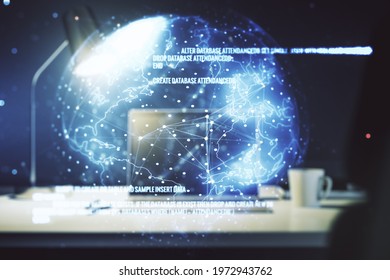 Double exposure of abstract programming language with world map on laptop background, research and development concept
