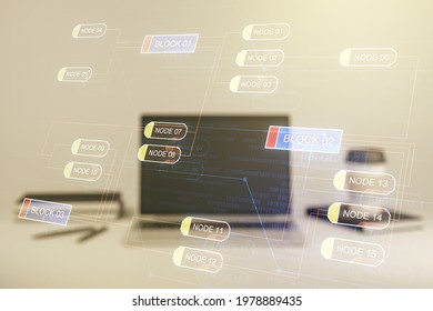 Double exposure of abstract programming language on laptop background, research and development concept