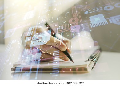 Double exposure of abstract programming language with man hand writing in notebook on background, research and development concept
