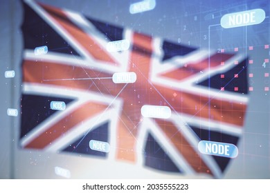 Double exposure of abstract programming language interface on British flag and blue sky background, research and development concept