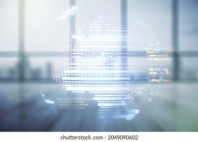 Double exposure of abstract programming language hologram and world map on empty modern office background, research and development concept