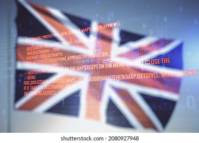 Double exposure of abstract programming language interface on British flag and blue sky background, research and development concept