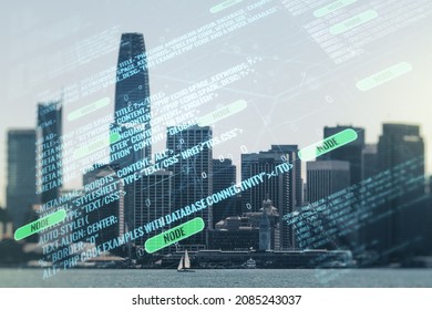 Double exposure of abstract programming language interface on San Francisco city skyscrapers background, research and development concept
