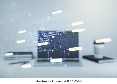 Double exposure of abstract programming language on laptop background, research and development concept