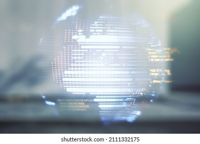 Double Exposure Of Abstract Programming Language Hologram And World Map On Modern Business Center Exterior Background, Research And Development Concept