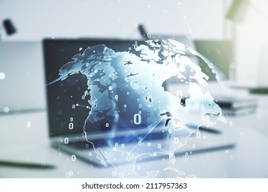 Double exposure of abstract programming language with world map on laptop background, research and development concept