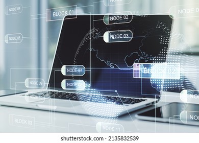 Double exposure of abstract programming language with world map on laptop background, research and development concept