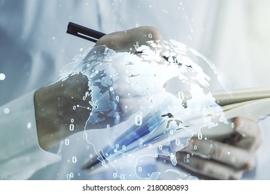 Double exposure of abstract programming language with world map and man hand writing in notebook on background, research and development concept