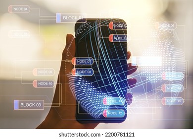 Double Exposure Of Abstract Programming Language Hologram With World Map And Hand With Cell Phone On Background, Research And Development Concept