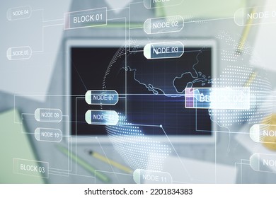 Double Exposure Of Abstract Programming Language Hologram With World Map And Digital Tablet On Background, Top View, Research And Development Concept