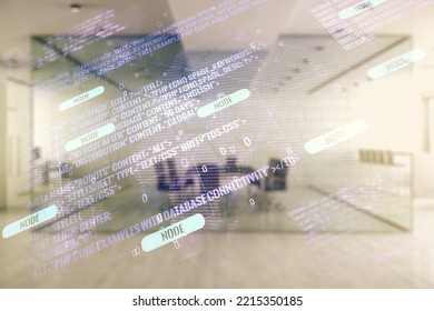 Double exposure of abstract programming language hologram and world map on modern corporate office background, research and development concept