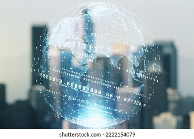Double exposure of abstract programming language hologram and world map on blurry cityscape background, research and development concept