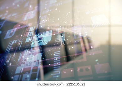 Double exposure of abstract programming language interface on a modern meeting room background, research and development concept