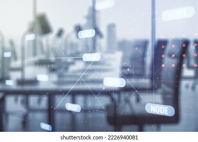 Double exposure of abstract programming language interface on modern corporate office background, research and development concept
