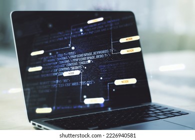 Double exposure of abstract programming language on laptop background, research and development concept