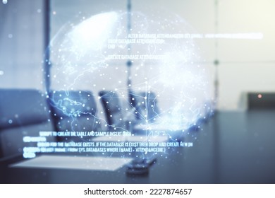 Double exposure of abstract programming language hologram and world map on a modern meeting room background, research and development concept