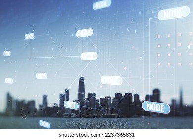 Double exposure of abstract programming language interface on San Francisco city skyscrapers background, research and development concept