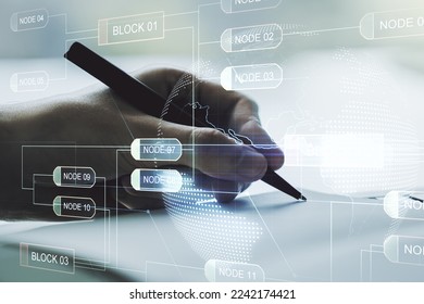Double exposure of abstract programming language with world map and man hand writing in notebook on background, research and development concept